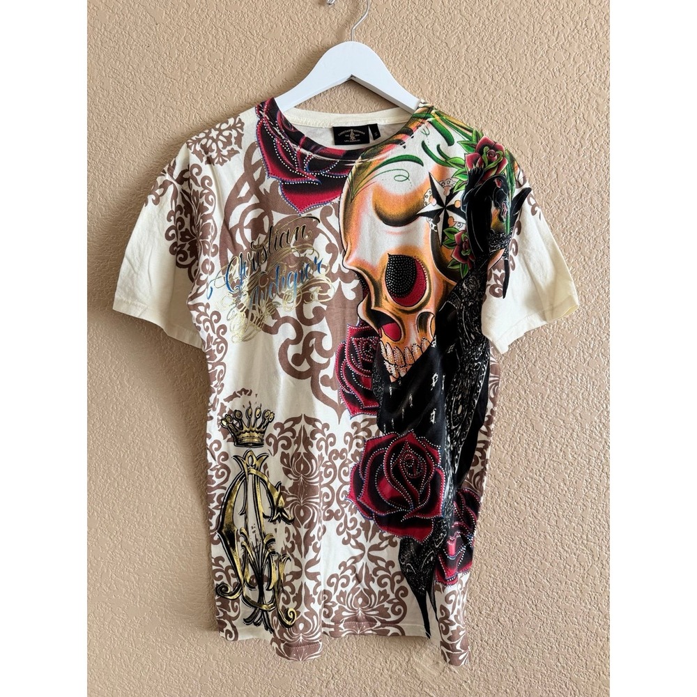 Christian Audigier Mens Skull Rose Rhinestone Graphic Tee Cream Gold Small
